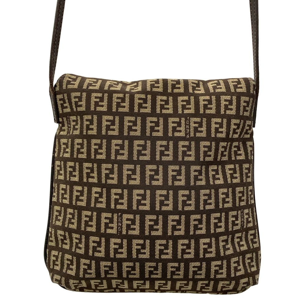 Fendi Zucchino Kamse Pochette Shoulder Bag 8BT075 Dark Brown Beige Jacquard - Picture 3 of 15